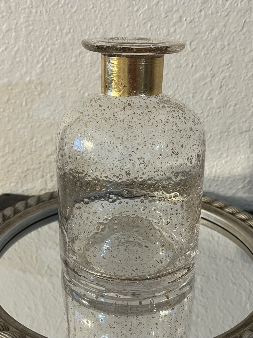 Clear Bubble-Textured Glass Vase with Gold Neck